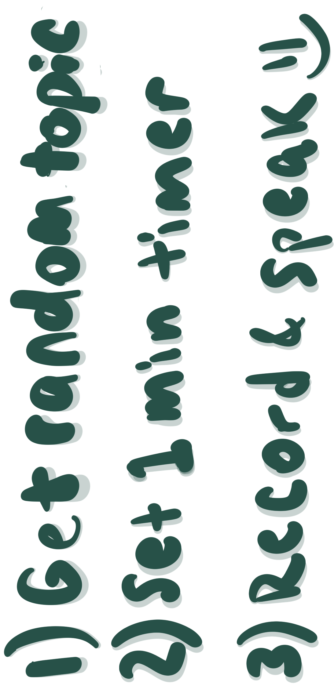 1) Pull lever to get topic 2) Set 1 min timer 3) Record & speak