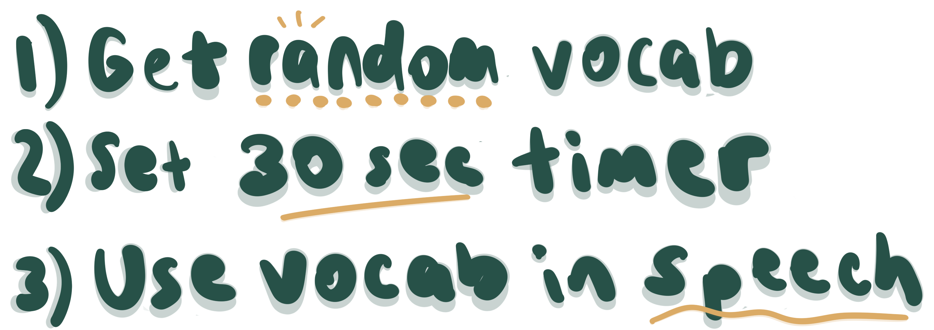 1) Get random vocab 2) Set 30 sec timer 3) Use vocab in speech